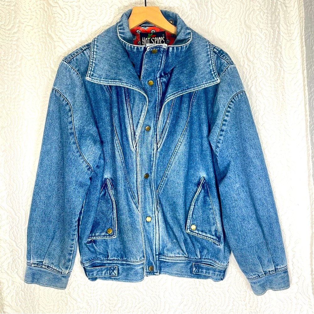 Vintage 90s Hot Spices Acid Wash Denim Bomber Jacket Bandana Print Lining Size M